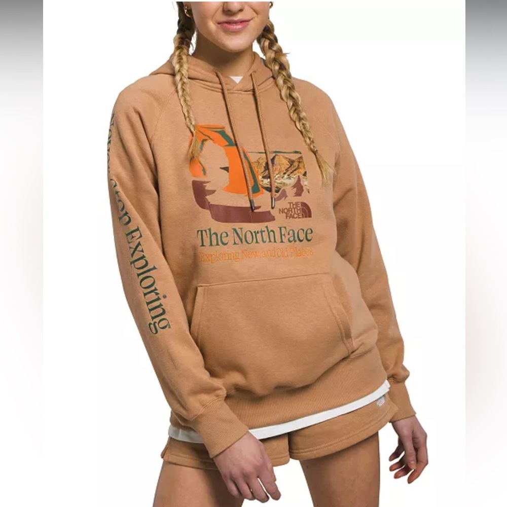 The North Face•Women's•Places We Love Graphic Fleece Hoodie•Orange/Tan/Green